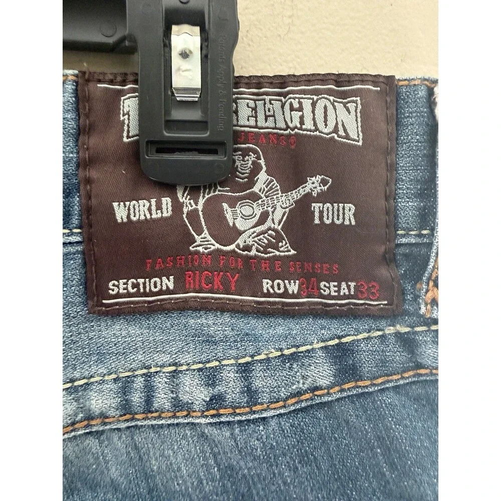 True Religion Ricky Relaxed Straight Leg Jeans Mens 34 Med Wash Blue Denim USA